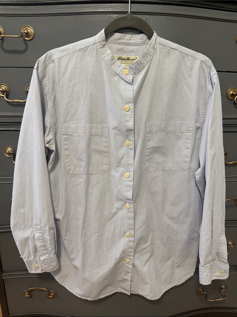 Eddie Bauer Blue and White Pinstripe Band-Collar Shirt